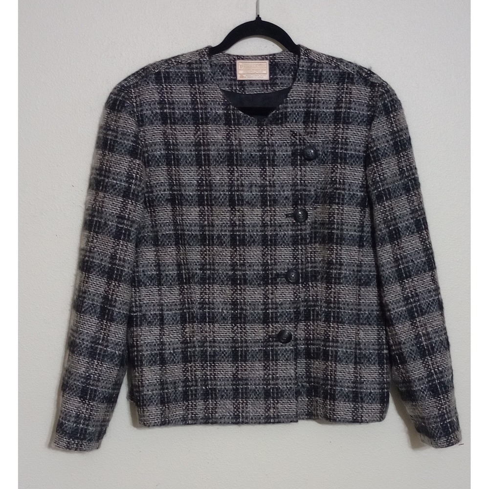 Pendleton Vintage 100% Virgin Wool Plaid Jacket Grey Black Size 16 USA Made